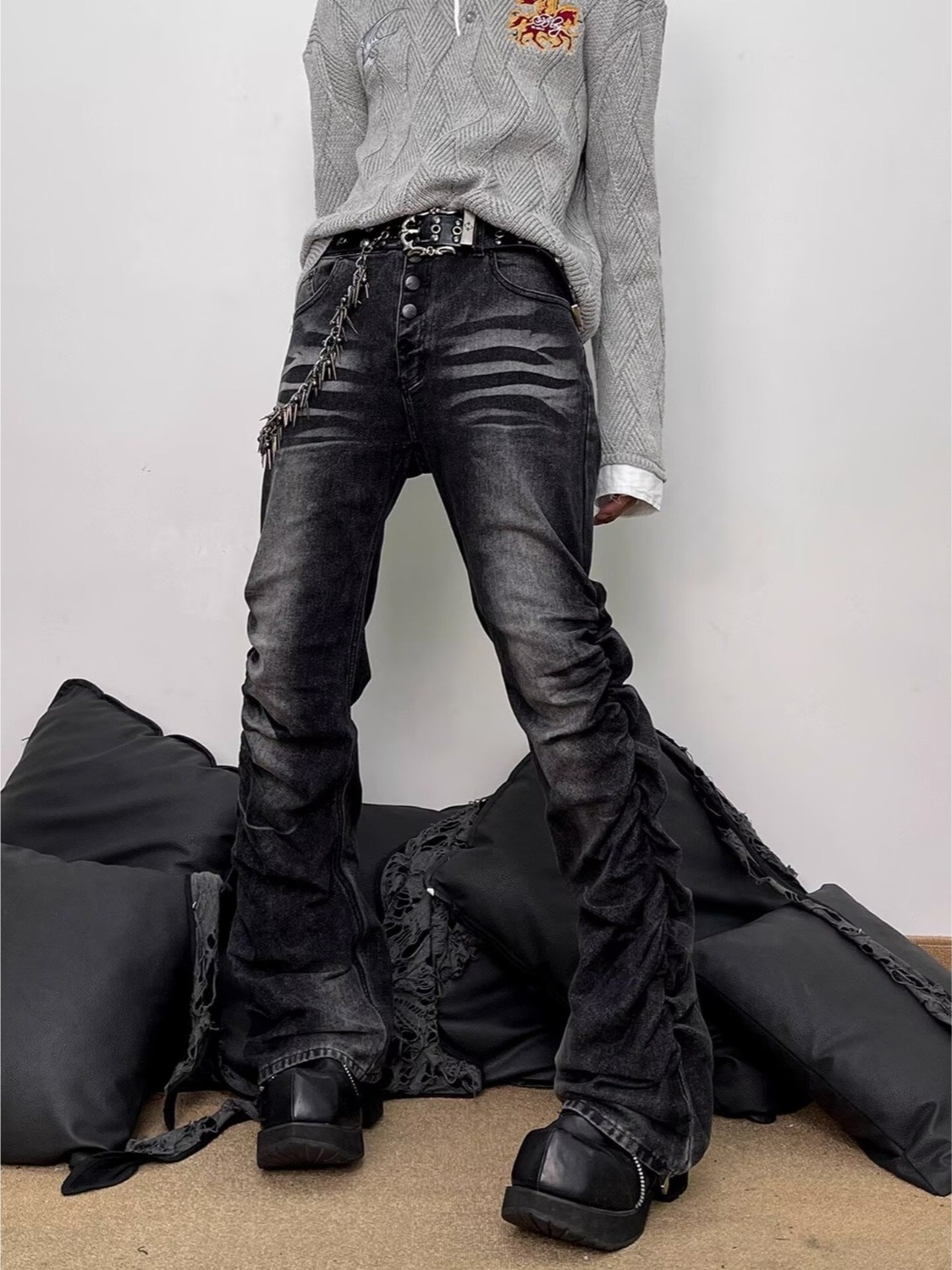 워싱 블랙 그레이 남성 슬림 스트레이트 레트로 플레어  - Streetwear Brand Denim 리뷰 및 가격